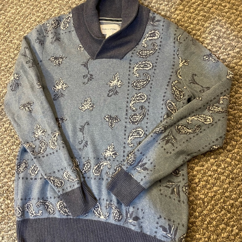 Sun + Stone Blue Patterned Cowlneck Sweater
